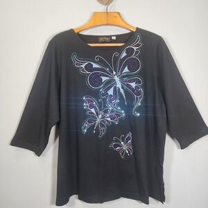 Bob Mackie Black Top with Colorful Butterfly Design